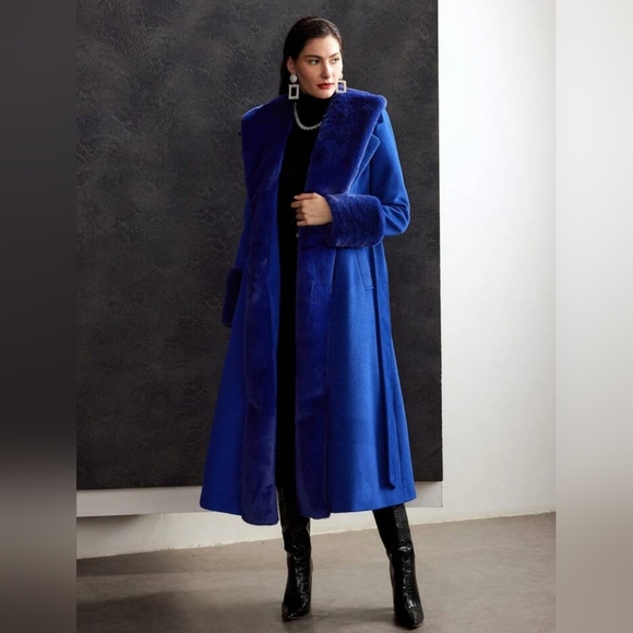 WOOL-BLEND FAUX FUR FUZZY CUFF OVERCOAT Winter Coat Outerwear - Picture 8 of 11